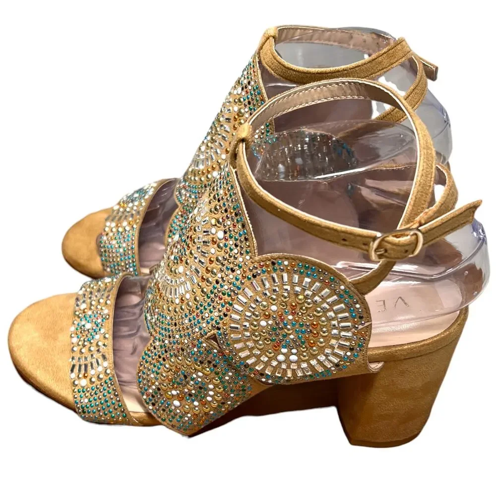 VENUS Womens 8 Tan Embellished Beaded Sandals Ankle Strap Block Heel
